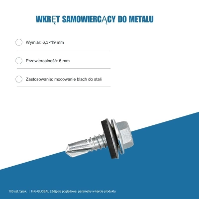 Wkręt samowiercący do metalu 6,3x19 mm, przewiercalność 6 mm, EPDM, 100 szt. – ocynk bez lakieru